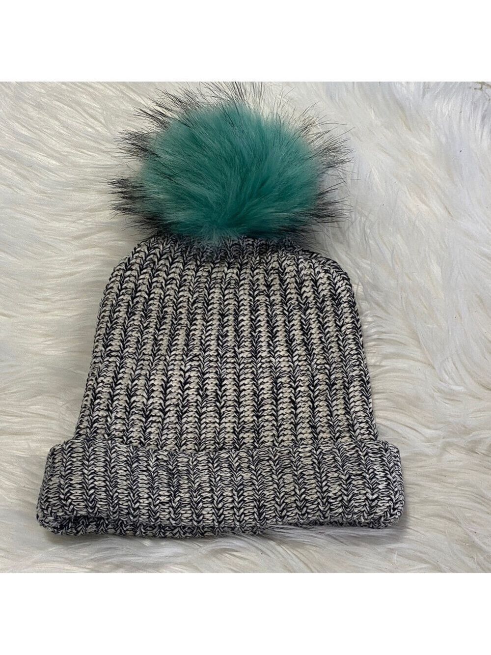 Love Your Melon black and white Beanie with Teal Pom-Pom - Picture 3 of 4